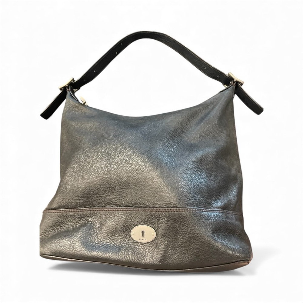 FOSSIL Black Leather Pebbled Satchel Shoulder Handbag Zip Boho‎ Hippie Western